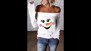 Snowman Face Off Shoulder Sweater White for Women