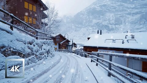 Snowfall in Zermatt Switzerland and Mattervispa, Winter Snow Walk and City Sounds