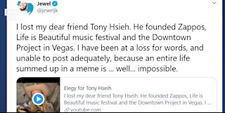 Artist Jewel 'Lost dear friend Tony Hsieh'