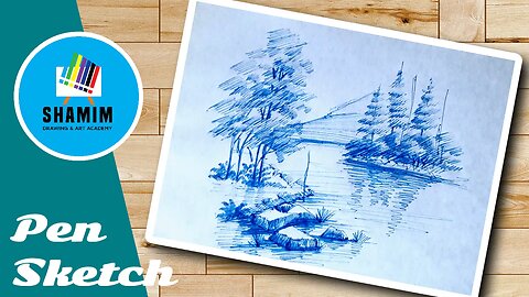 Riverside forest drawing with stone By Pen Sketch | Drawing Tutorial