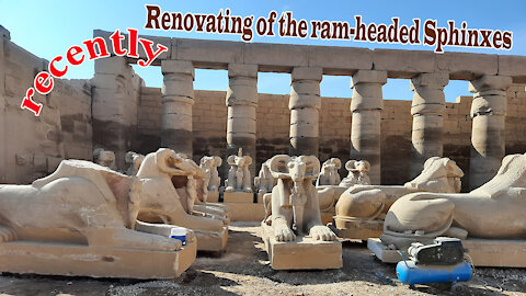 Renovating of the 3000 years old ram-headed sphinxes at Karnak Temple in Luxor