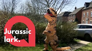 Wacky mum cheers her neighbours up by doing daily exercise in dinosaur outfit