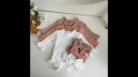 Fashion Toddler Baby Girls Romper Outfits Set Cotton Ribbed Flared Sleeve Jumpsuit + Bow Headband