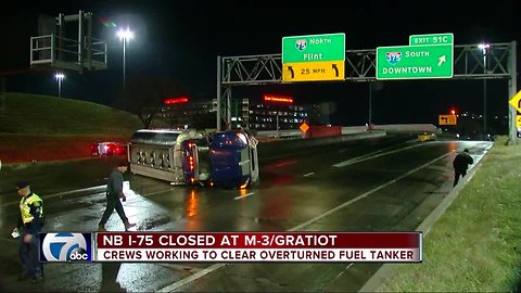 Flipped tanker shuts down northbound I-75 at Gratiot in downtown Detroit