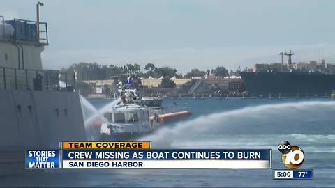 Crew's whereabouts unknown as boat continues to burn