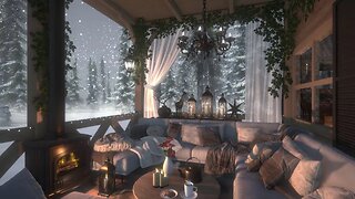 Winter Woodland Porch | Daytime Ambience | Wood Stove Fireplace & Wind, Snowstorm/Blizzard Sounds