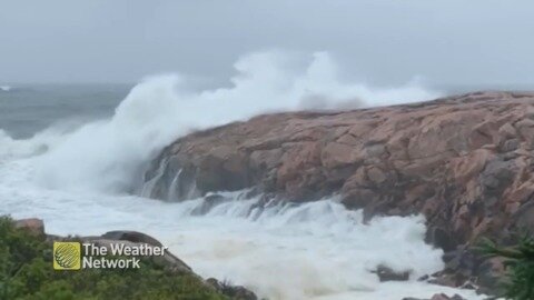 Waves crash and spray on the rocky Cape Breton coast