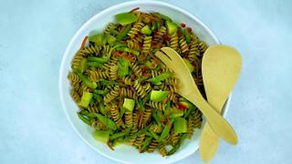 Asian-Inspired Pasta Salad with Asparagus, Snow Peas, and Avocado
