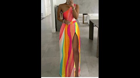 Colorblock One Shoulder High Slit Maxi Dress, Style Casual, Evening, Wedding Guest