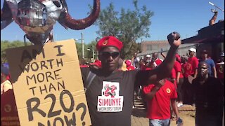 Protesters at Saftu march mock President Ramaphosa (qsf)