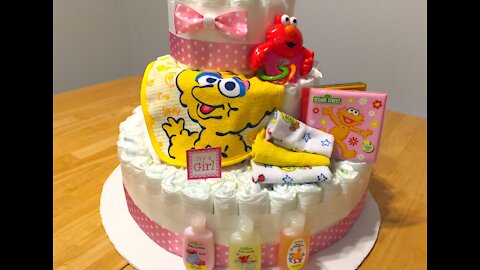 How to make a Diaper Cake for Baby Showers || SESAME STREET "IT'S A GIRL"