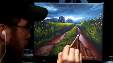Acrylic Landscape Painting of a Stormy Sky & Muddy Road - Time Lapse - Artist Timothy Stanford
