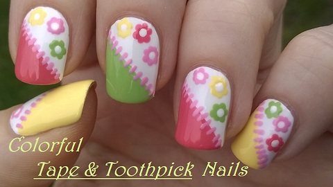 Colorful Tape & Toothpick Nail Art With Flower Design