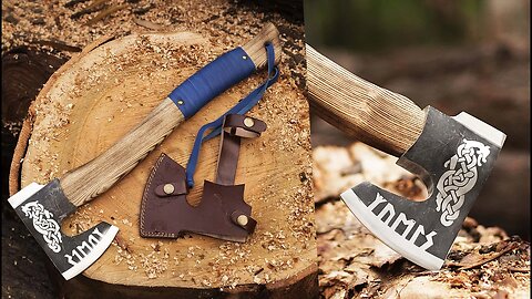 Viking Axe,Tomahawk,Hatchet Knife1095 High Carbon Steel,Beautiful Etching Design, Ash Wood Handle