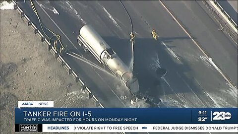 Traffic temporarily stopped on Interstate 5 after tanker truck fire