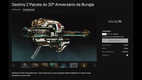 Jogo Grátis na Epic Games: Destiny 2 + Pacote de 30º aniversário