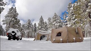 Cooking Tasty Food In Snowstorms On My Wood Stove - Relaxing Hot Tent Camping With My Dog