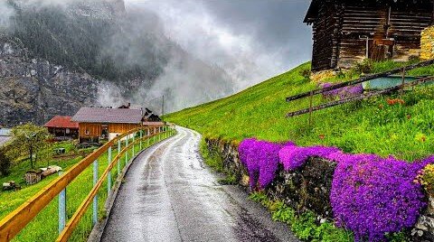 Beautiful rain walking tour in Gimmelwald 🇨🇭 A Swiss village