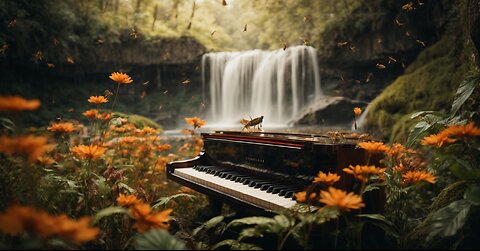 Beautiful waterfall with piano music