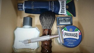 Parker 64 S Razor, Mystery Box inspired shave, Proraso Blue.