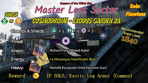 Destiny 2 Master Lost Sector: Cosmodrome - Exodus Garden 2A on Strand Hunter Solo-Flawless 10-26-23