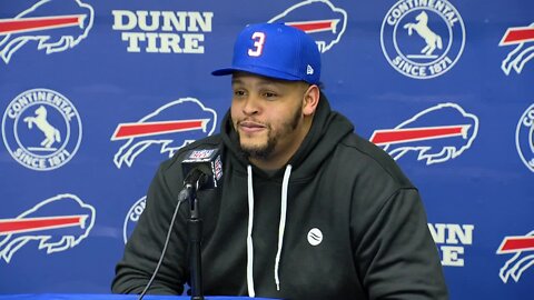 Buffalo Bills offensive lineman Dion Dawkins speaks ahead of the playoff matchup against the Miami Dolphins