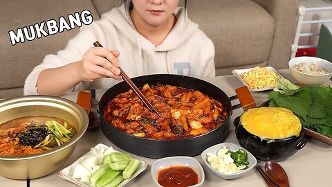 Cooking Mukbang :) Spicy Stir-fried Chicken(Dak-galbi), Acorn jelly soup, steamed cheese egg.