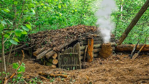 building underground bushcraft shelter for survival with clay oven