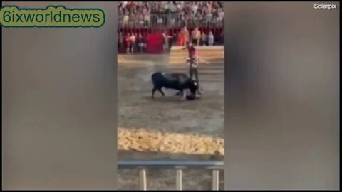 Terrifying moment festival goer is gored in the groin during Spanish bull running event