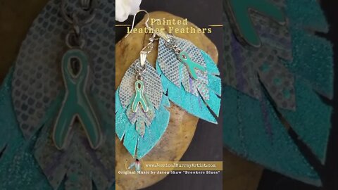 TEAL RIBBON AWARENESS, 2 inch leather feather earrings