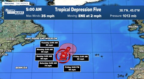 Tropical Depression 5 forms, two tropical waves also in Atlantic