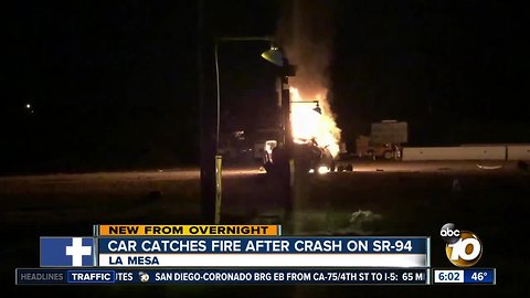 Car bursts into flames after flipping over in La Mesa