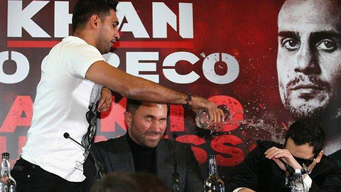 Amir Khan DUMPS Water on Opponent Phil Lo Greco for Bringing Up His Marital Issues