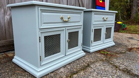 Furniture Flipping- Painting a Set of Red Oak Nightstands with Farrow and Ball Pigeon