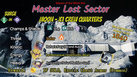 Destiny 2 Master Lost Sector: Moon - K1 Crew Quarters on my Arc Titan 11-1-23