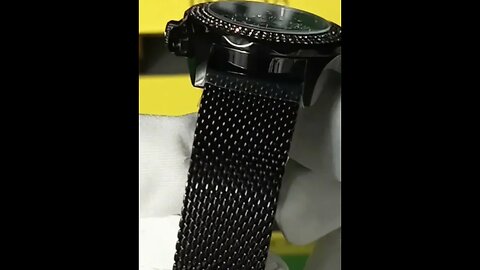 crystal watch with mother of pearl dial & black adjustable mesh bracelet