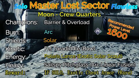 Destiny 2 Master Lost Sector: Moon - K1 Crew Quarters on my Warlock 10-21-22