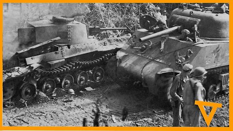 M4A3 Sherman “CLASSY PEG” passes destroyed Japanese tanks Luzon 1945.