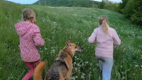 Girls playing with their best friend outdoors.