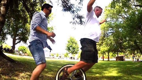 Dads have hilarious time on birthday clown's unicycle