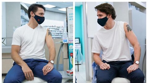 Trudeau Wore The Same Outfit For Both COVID-19 Vaccine Doses & His Tattoo Was In Full View