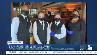 Stanford Grill in Columbia says "We're Open Baltimore!"