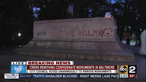 Crews remove Confederate monuments in Baltimore overnight