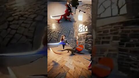 a girl with a sword fighting a dragon....AI Art Animations Shorts