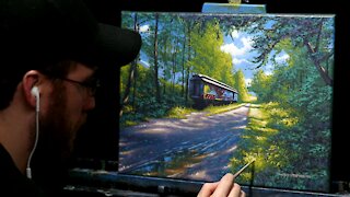 Acrylic Landscape Painting with Old Train Car - Time Lapse - Artist Timothy Stanford