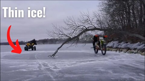 Dude Evan bro rips a dirt bike on thin ice!