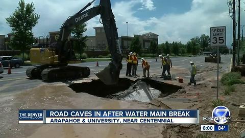 Water main break, sinkhole closes WB Arapahoe Rd. at University Blvd.