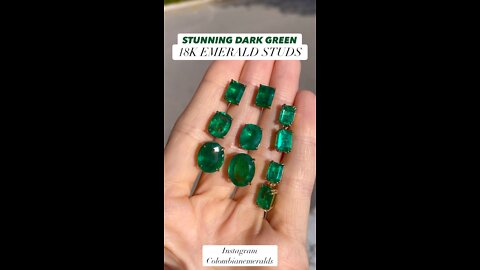 Dark vivid green natural emerald oval and emerald cut statement large size stud earrings 18K gold