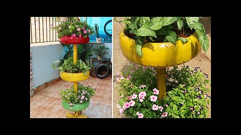 Unique flower tower, recycled from tires for small garden