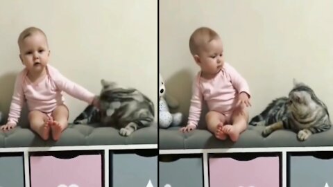 This kid is trying to Tease cat but she is not upto